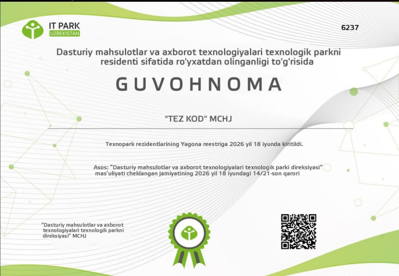 IT Park Uzbekistan rezidentlik guvohnomasi — MCHJ «TEZ KOD», №6237